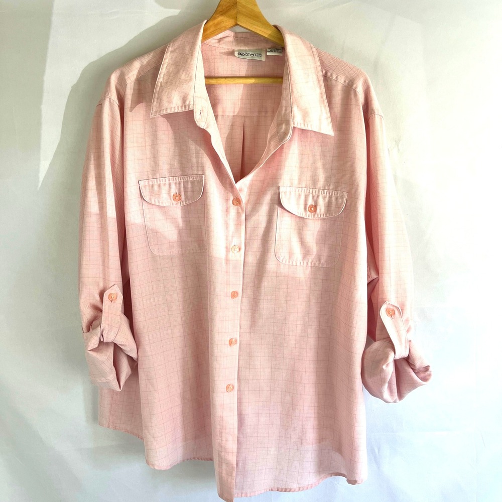 Vintage Monochromatic Petal Pink Plaid Button Down Camp Shirt 26W Cottage Core